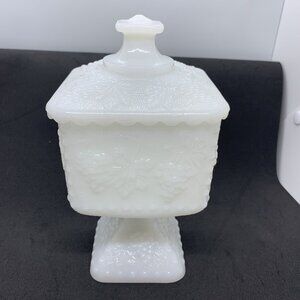 Anchor Hocking Milk Glass Compote With Lid Grape and Vine Pattern